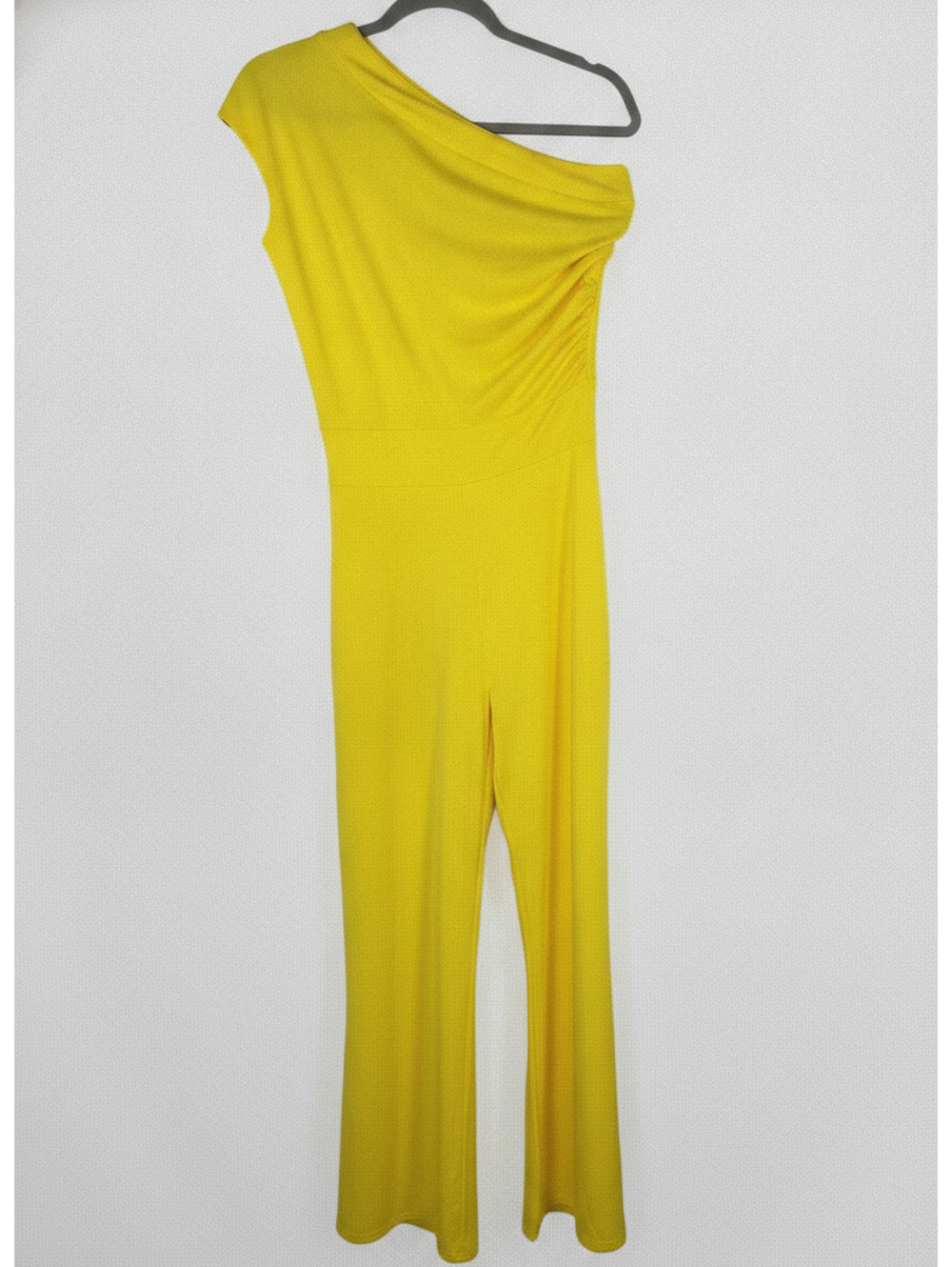 Yellow One Shoulder Wide Leg Jumpsuit Ruched Side Women’s Size M